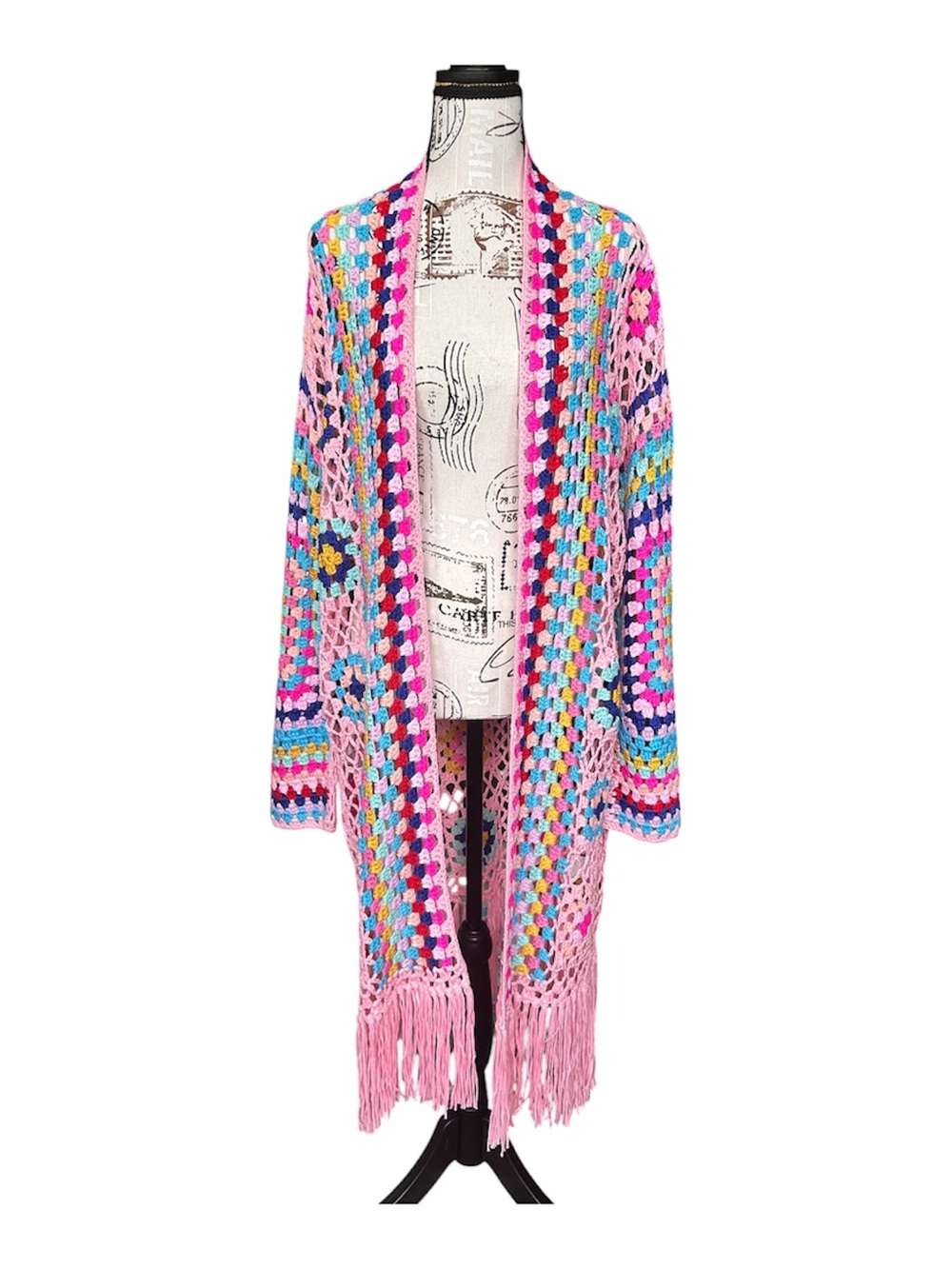 Long Granny Square Crochet Retro Duster in Bold Colors OS